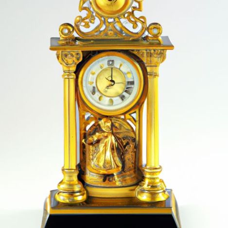 Table Clock, Antique Brass With 24k silent movement Gold Plated Decorated Desk Clock With Brass Figurine Top European Art Decor Gilt Bronze